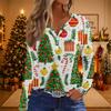 Women's Casual Christmas Print V-Neck Long Sleeve T-Shirt with Button