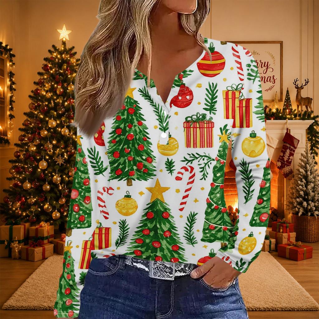 Women's Casual Christmas Print V-Neck Long Sleeve T-Shirt with Button
