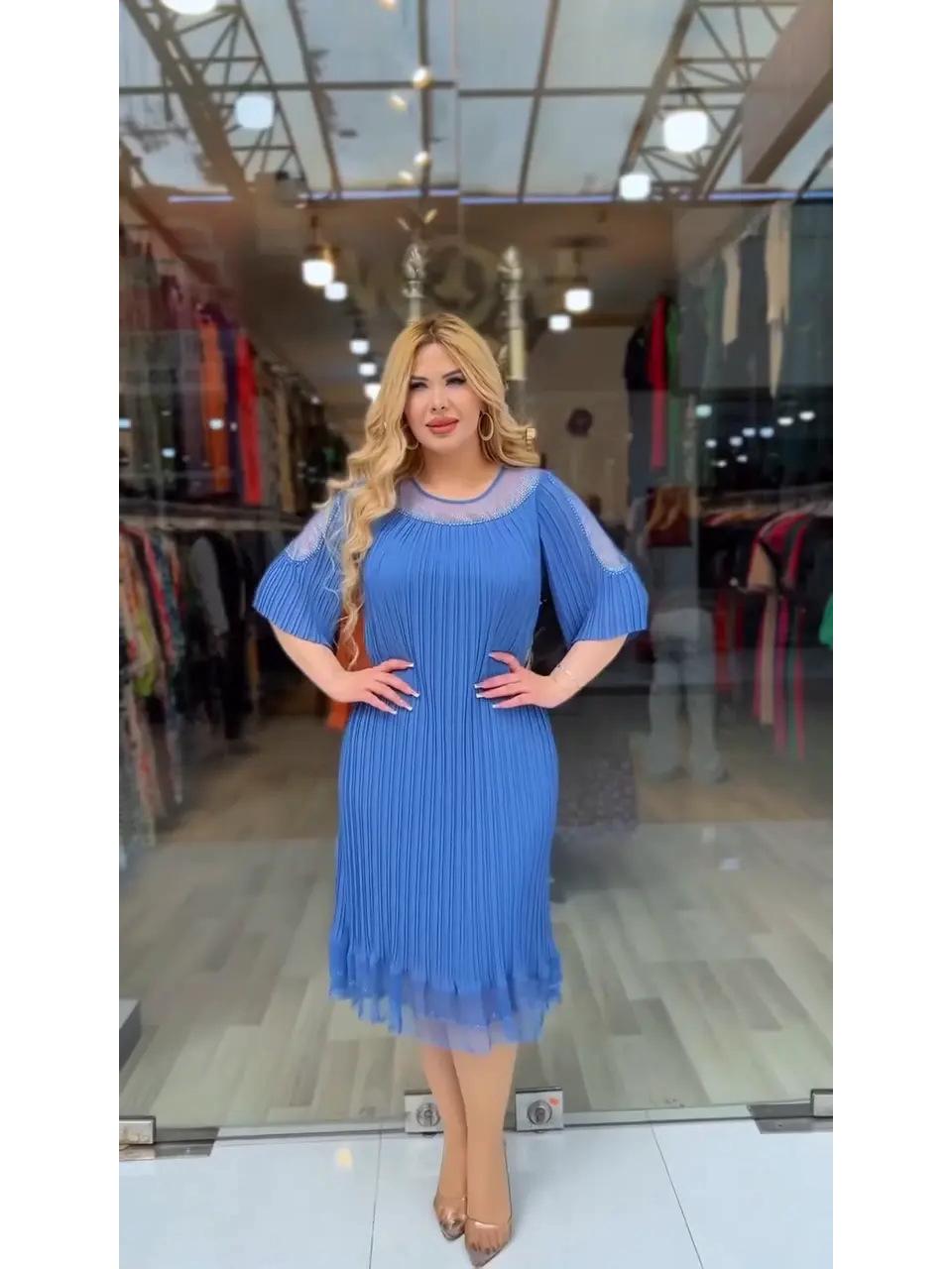 

Жіноча сукня великого розміру з сітки з мереживною обробкою та плісированою спідницею, 2025 L небо синє кольору