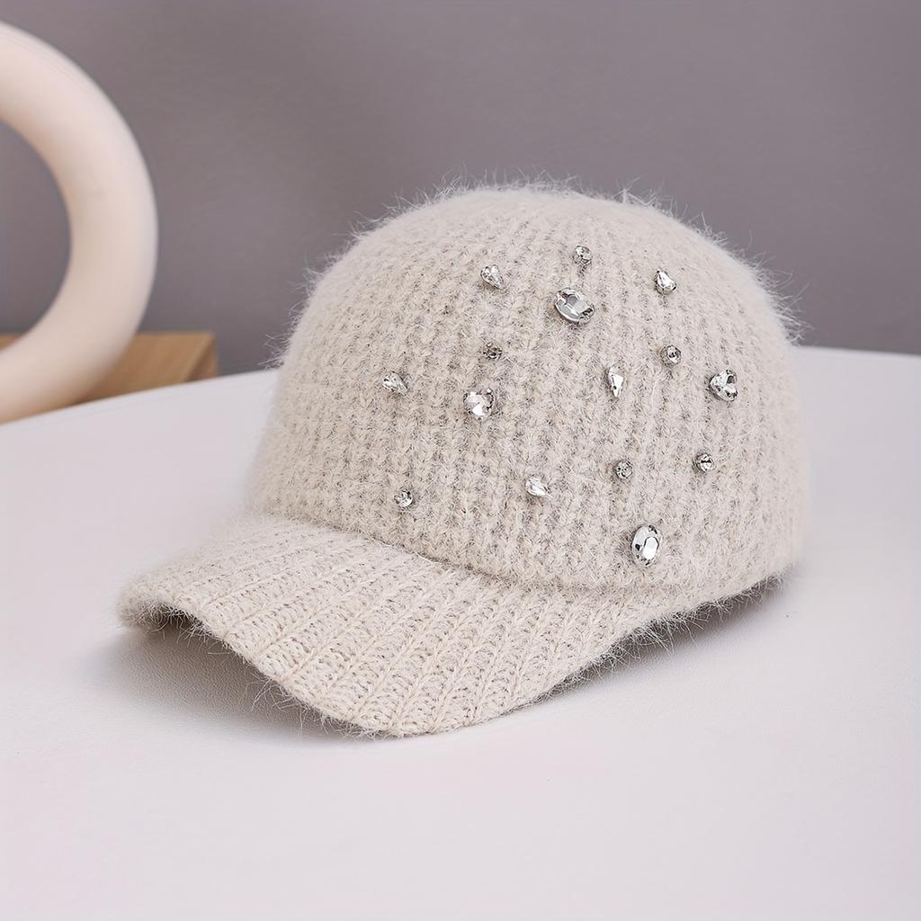 Women's Luxury Furry Hat with Artificial Jade Long Plush Yarn & Rhinestone-Adorned Wide Brim, Adjustable Non-Stretch Fit, Hand Washable Winter Cap