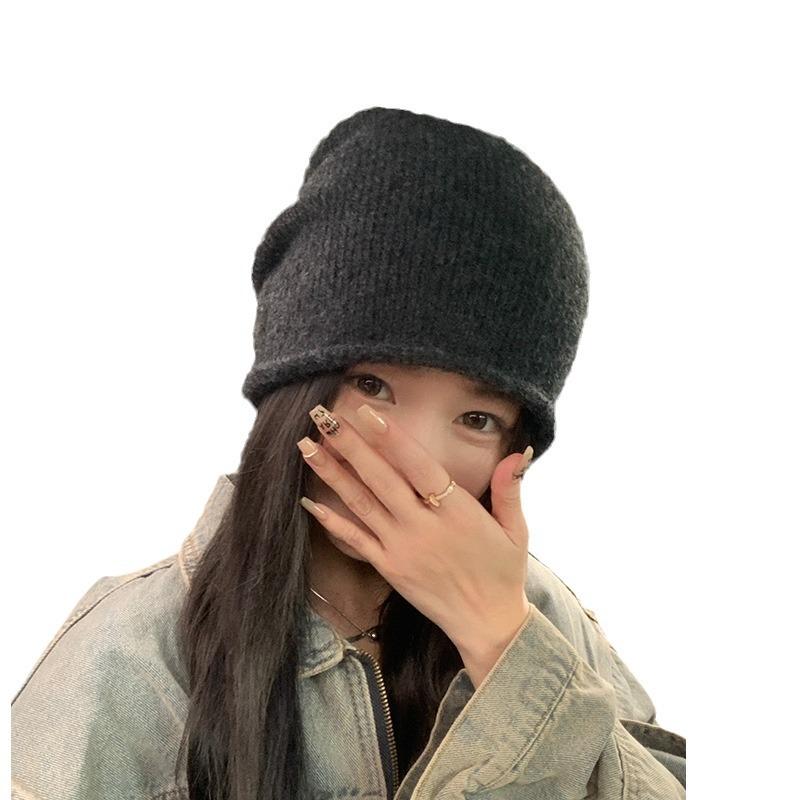 Contains Wool Blended Knitted Hat for Women in Winter Japanese Versatile Woolen Hat Big Head Circumference Pile Hat Small Cold Hat Showing Face