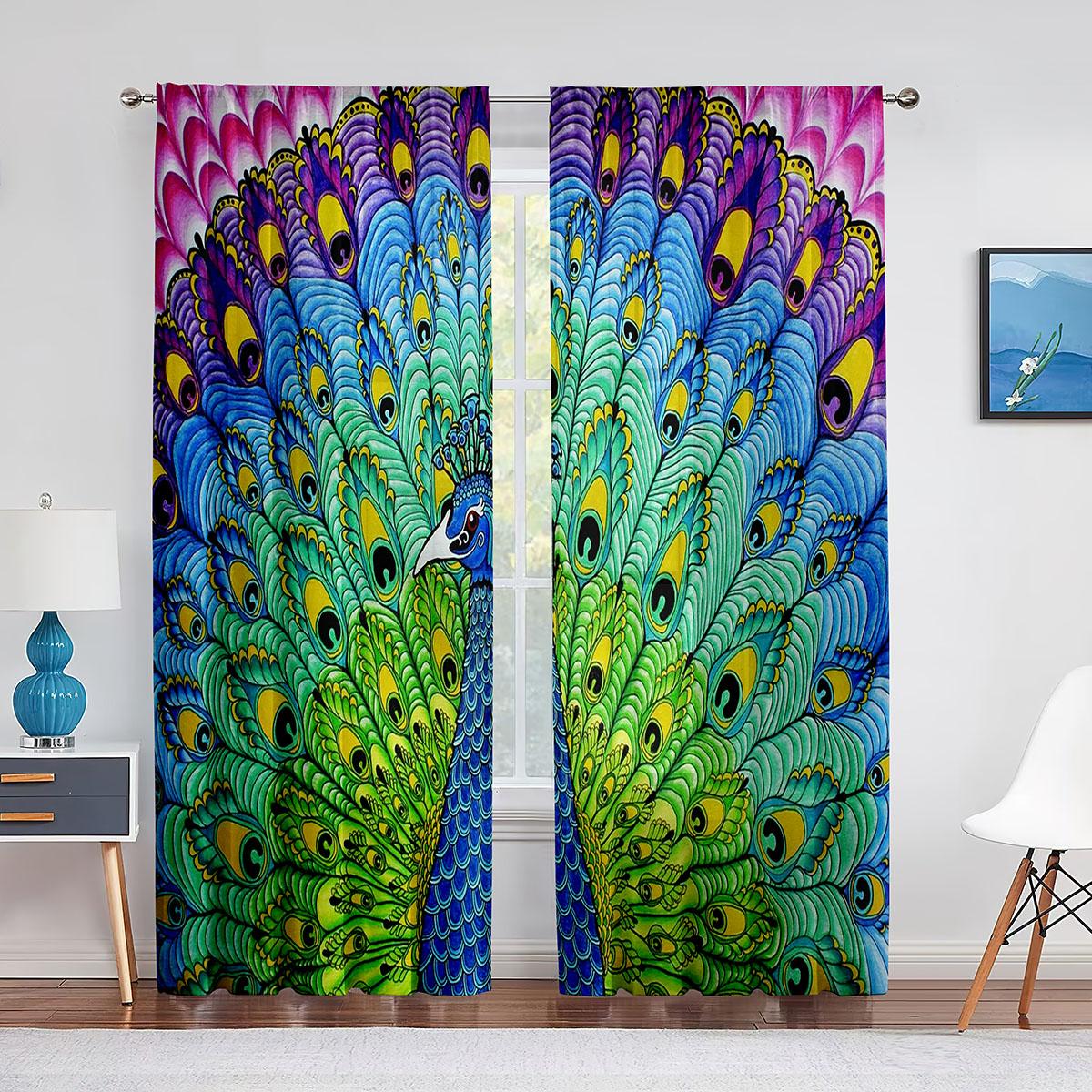 Голубые красивые прозрачные шторы с изображением павлина — фото 3