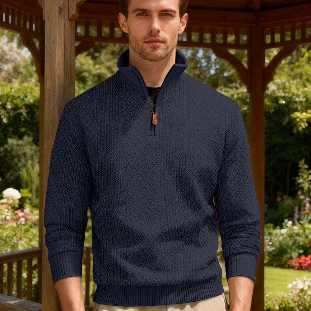 New American Fashion Men Sweatshirts Casual Loose Stand Collar Zip-up Long-sleeved Pullover Leisure Jacquard Solid Color Tops