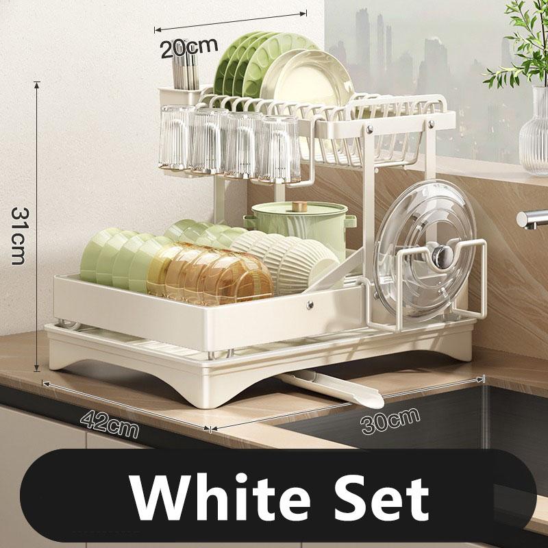 

Складная кухонная сушилка для посуды, мисок, двухъярусный держатель для кухонного органайзера с корзиной для слива посуды, сушилка для посуды, прилавок для хранения белый