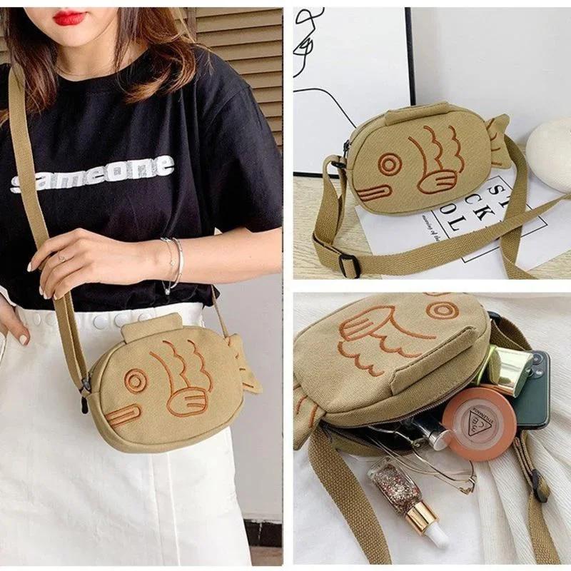 Cute Canvas Messenger Bag Japan Style Embroidery Fish Shape Portable Zippered Small Purses Handbags Mini Crossbody Bag
