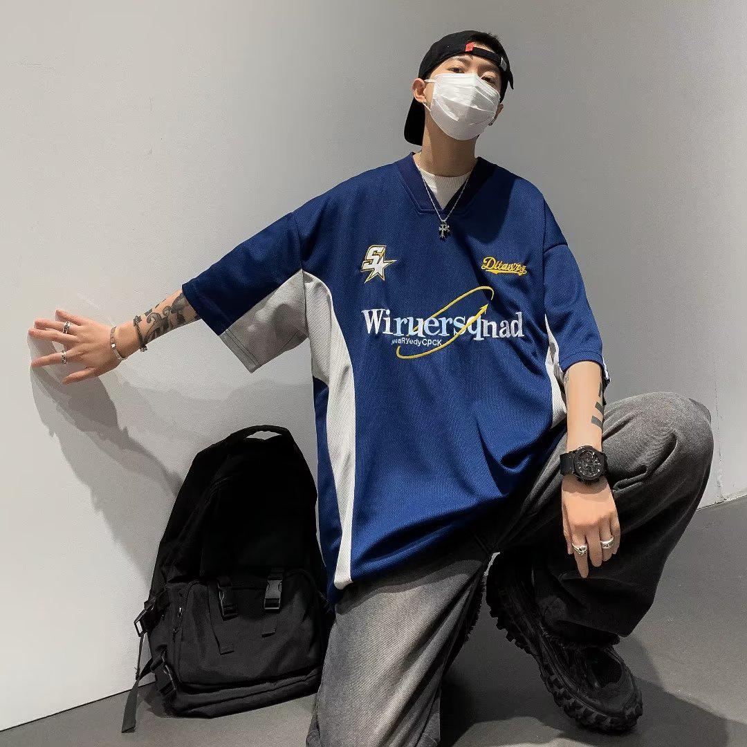 

Boys New Summer V-Neck Embroidered T-Shirt with Five-Point Sleeves – Fashionable and Simple Design Extra Large синій