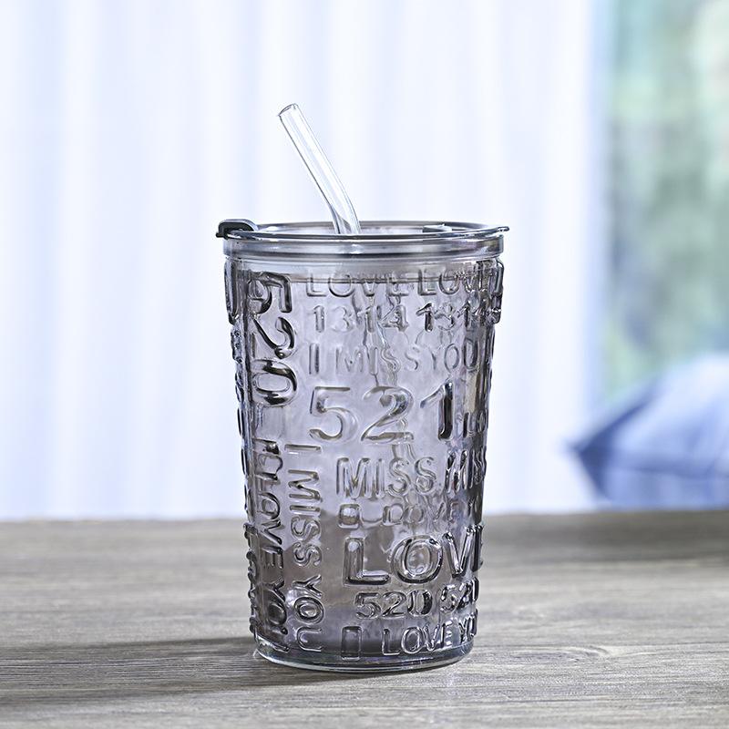 Geprägtes Glas, Herzförmiger Strohbecher, Bürobecher, 480ml Doppelwandiger Kaffebecher, Haushaltsbecher mit Deckel, Trinkwasserbecher