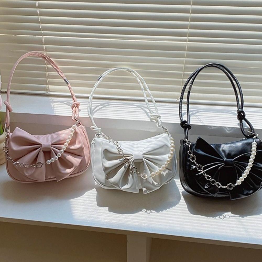 Solid Color Women Underarm Bag PU Leather Bow Handbag Simple Bowknot Shoulder Bag Office Worker