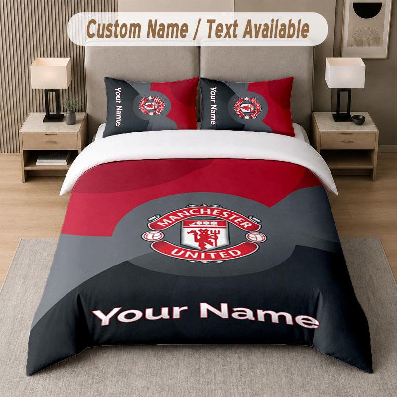 Custom Bedding Set Manchester United Pattern, Print Name Text 1 Duvet Cover plus 2 Pillowcases Home Textile