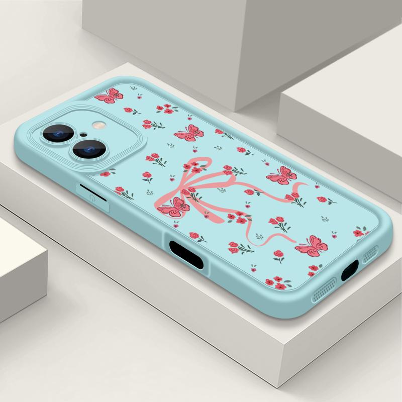 Carcasă Mată TPU cu Imprimeu Floral și Fundă pentru iPhone 16 Pro Max 15 Pro 14 13 12 11 XS XR Protecție Obiectiv Rezistent la Șocuri Husă Moale Silicon Telefon