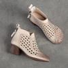 Johnature Hollow Out Boots Round Toe Breathable Back Zipper Genuine Leather Sandals Retro Mid Heel Women's Shoes