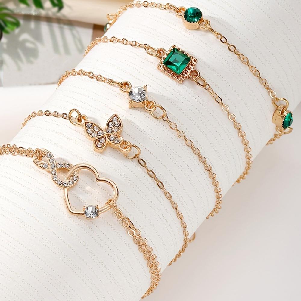 

5 Piece Elegant Jade Sparkling Square Butterfly Heart Bracelet For Weddings, Birthdays, Zircon Gifts, Parties, Gifts For Women золотой