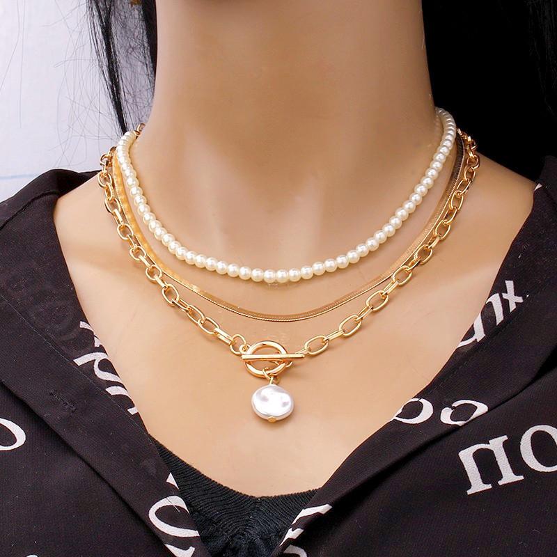 European and American Fashion, Simple Pearl Splicing Chain Necklace, Double-layer Women's Necklace Stacked with Wind Alloy Necklace