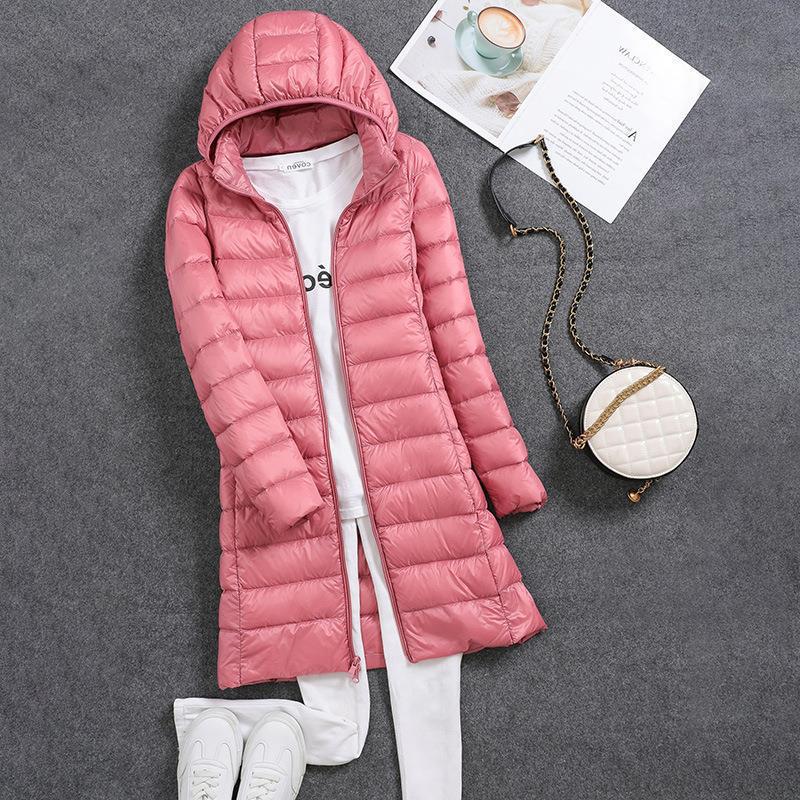 Women's Mid-Length Lightweight Down Jacket with Detachable Hood - 2024 Autumn/Winter Korean Style Plus Size Coat