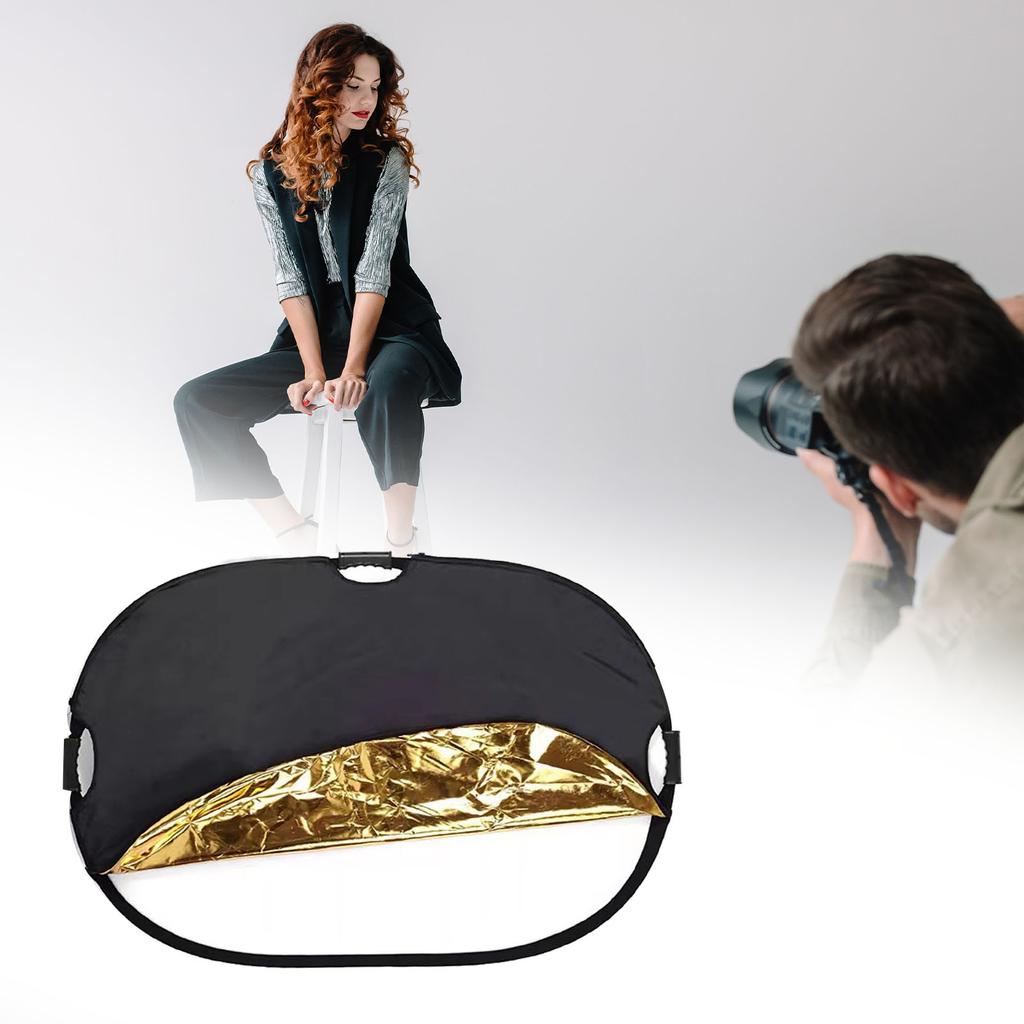 Riflettore Ovale 5 in 1 con Manico, Riflettore Luminoso Pieghevole 60 x 90cm, Tessuto Poliestere Oxford Telaio in ABS Diffusori Argento Oro Bianco Nero per Studio Esterno