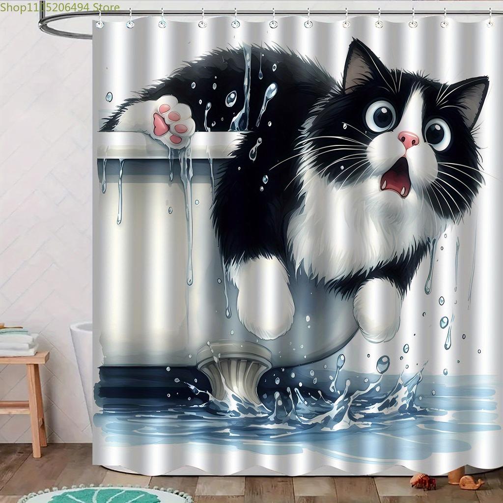Jit1Pc Bathtub Cat Pattern Print Shower Curtain, High-End Elegant And Convenient Installation Bathroom Curtain, Suitable For H