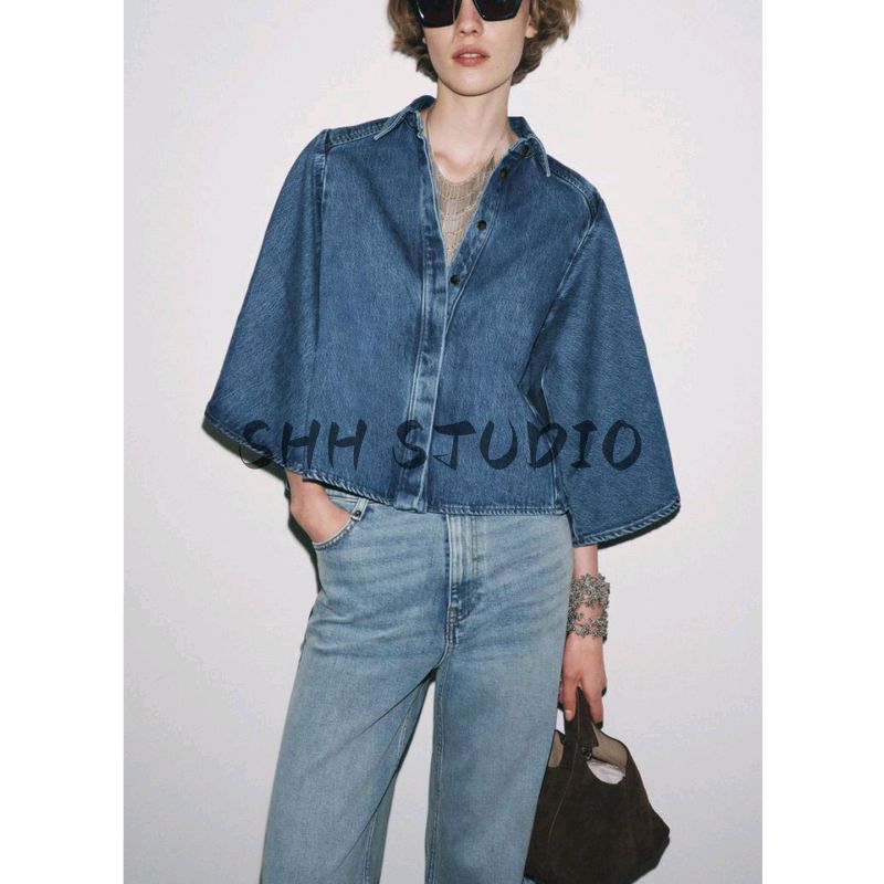 Autumn New Product Women Clothes Laminated Decorative Washing Effect Long Sleeve V-neck Leisure Demin Shirt 6840242