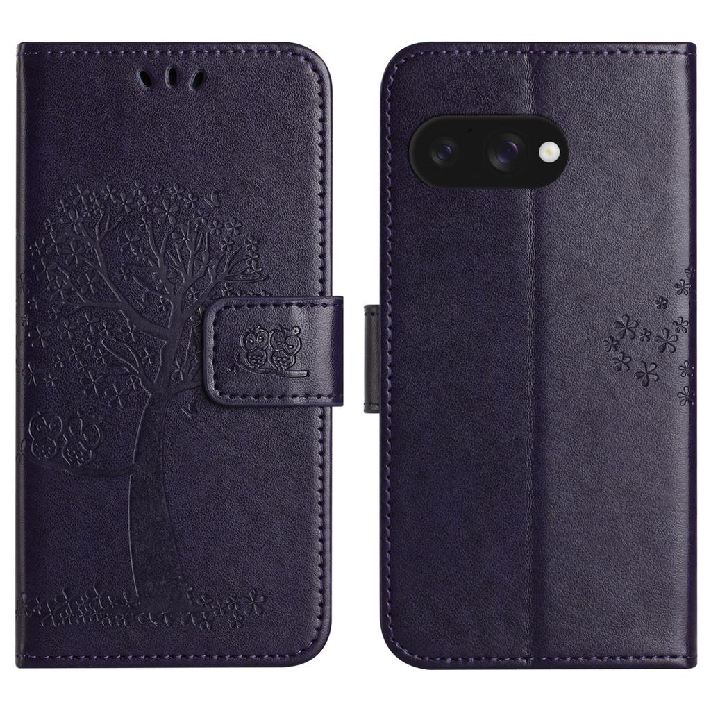 For Google Pixel 9a Case PU Leather Owl Tree Imprinted Wallet Phone Cover