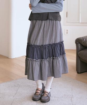 The Green Lab Vintage Tiered Check Skirt [Navy]