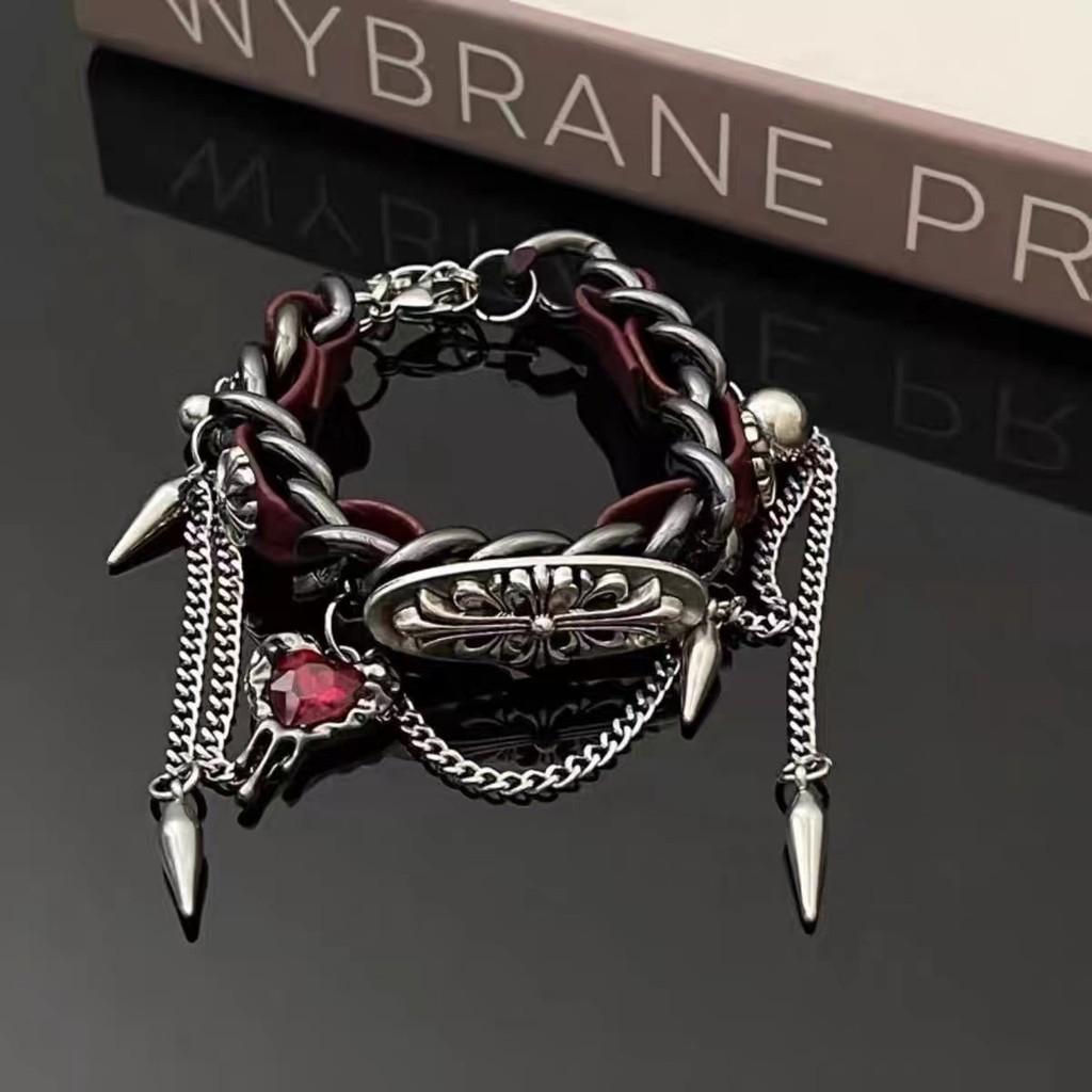 Y2k Gothic Punk Red Leather Bracelet Alloy Electroplated For Men And Women