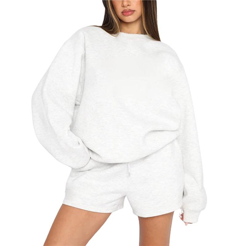 

Fashion Casual Knitted Suit Women s Solid Color Loose Long Sleeved Top Shorts Two-piece Set XL білий