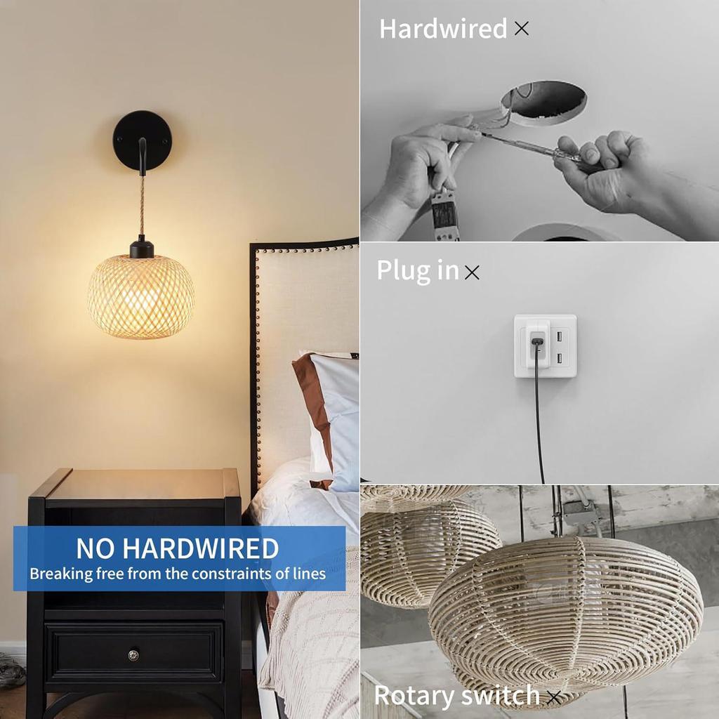 Bamboo Woven Charging Wall Lamp - Bohemian Style for Living Room, Corridor, Bedroom, or Bedside