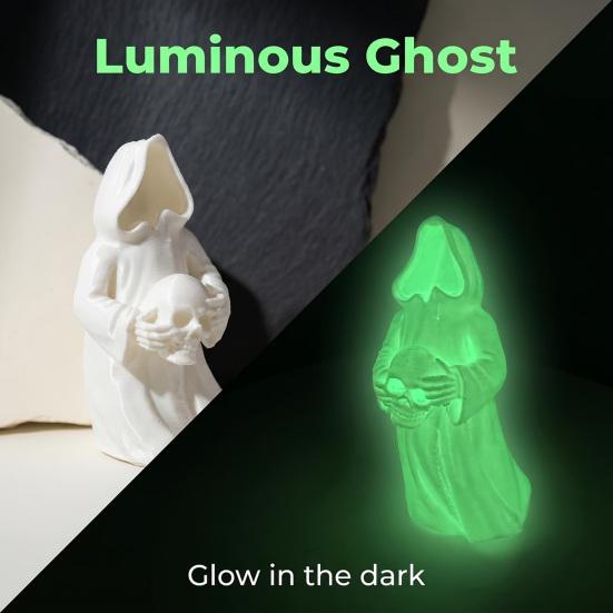 Luminous Spooky Figurine 3D Printed Glow In The Dark Skull Ornament, Gothic Hooded Ghost Statue for Halloween Desktop Decoration, Resin Party