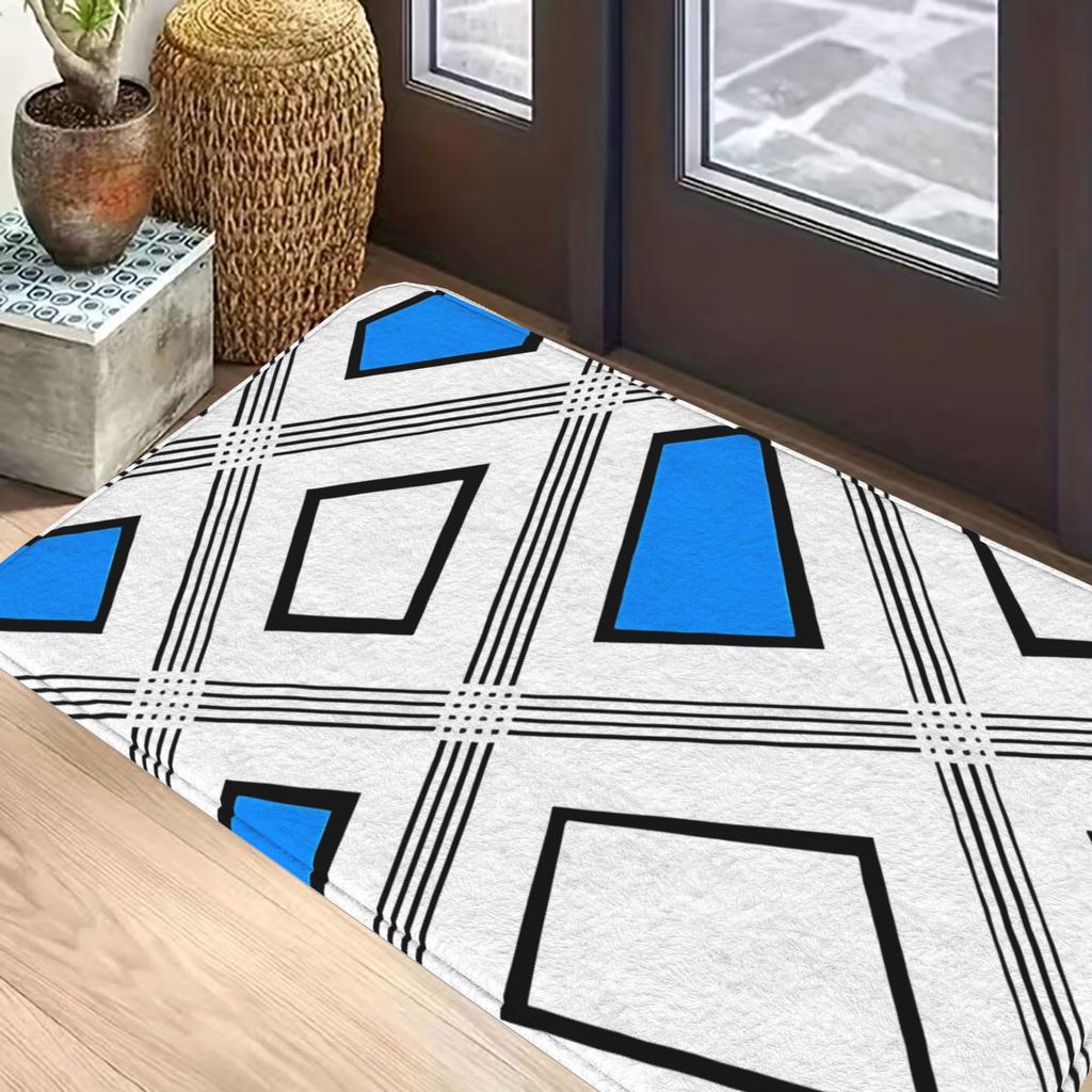 Blue White Black Geometric Print Doormat Printed Polyester Machine Washable Entrance Floor Mat 80x50cm