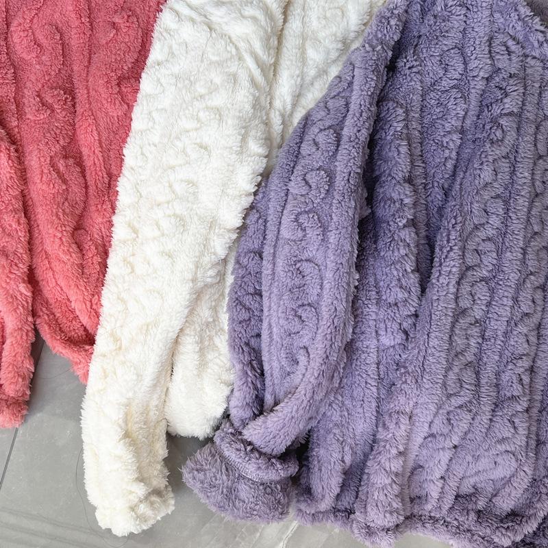 Damen Kuscheliger Korallenfleece Pyjama: Dicker warmer Samt, Unifarben, Rundhalsausschnitt, Große Größen für Herbst und Winter.