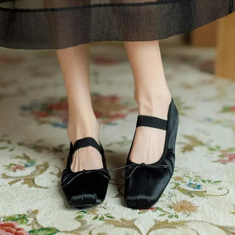 

French Silk Ballet Flats Women s Elastic Mary Janes Comfortable Flat Head Square Low Cut Grandma Shoes High Heel Single Shoes 39 чёрный