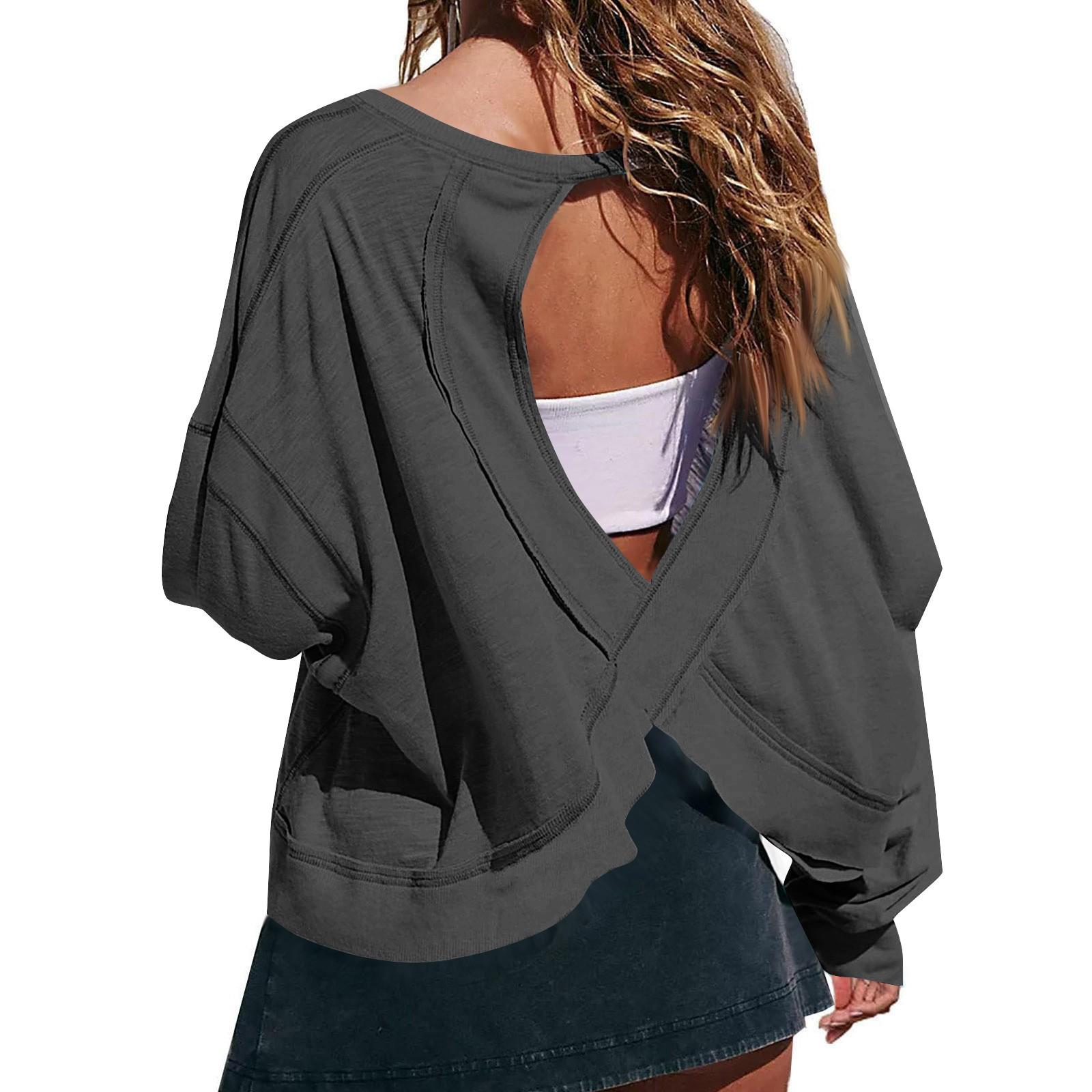 Женская мода повседневная круглая горловина длинный рукав спинка однотонный топ L — фото 7