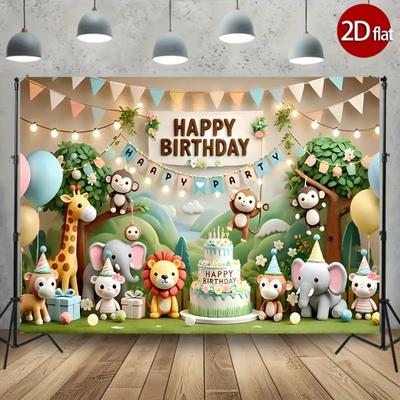 2D Safari Party Photo Booth Background, Cartoon Jungle Animal "Happy Birthday" Decor