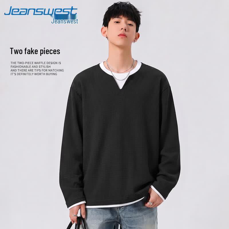 Jeanswest Men's Waffle Knit Faux Two-Piece Long Sleeve T-Shirt
