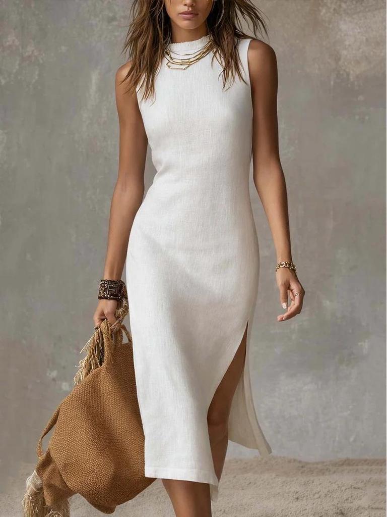 2026 European Women's Sleeveless Solid Vest & High Slit Knit Dress