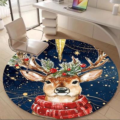 1pc Christmas Deer Office Round Area Rug, Indoor Mat Suitable ForOffice, Under Office Chairs Bedroom Living Room Home Decor, Room Deco, D022