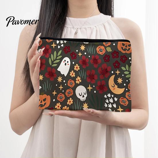 Waterproof Canvas Bag Storage Bag, with Halloween Pattern Printed, Smooth Zipper Themed Organizer Makeup Large Capacity Travel Cosmetic Pouch