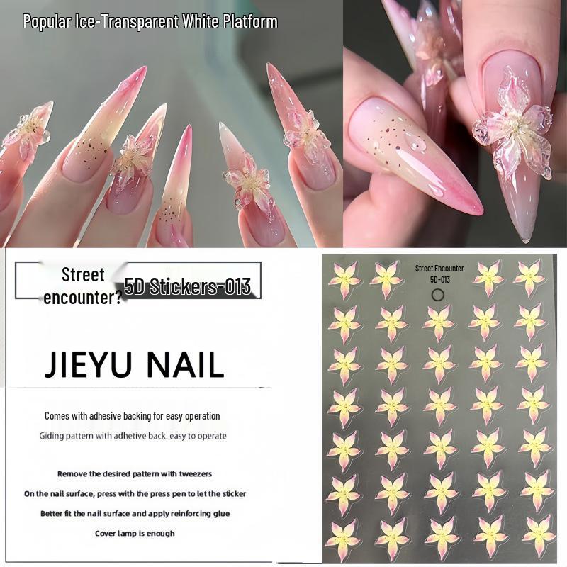 5D Embossed Ice Lily Pink Heart Nail Art Stickers