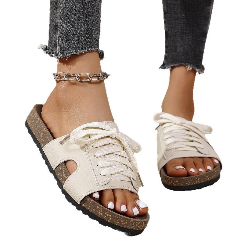 Large size woven one-word lace-up slippers women's new flat-heeled sandals platform beach shoes
