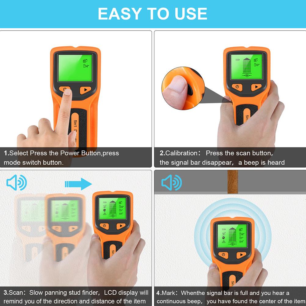 5 in 1 Wall Metal Stud Finder Sensor for Drywall Wood Walls LCD Display Portable Handheld Scanner with Precise