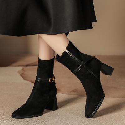 Autumn and Winter New Suede Short Boots Side Zipper Women's Thick Heel Square Head Boots Buckle Retro Thin Women's Boots Maillard Brown