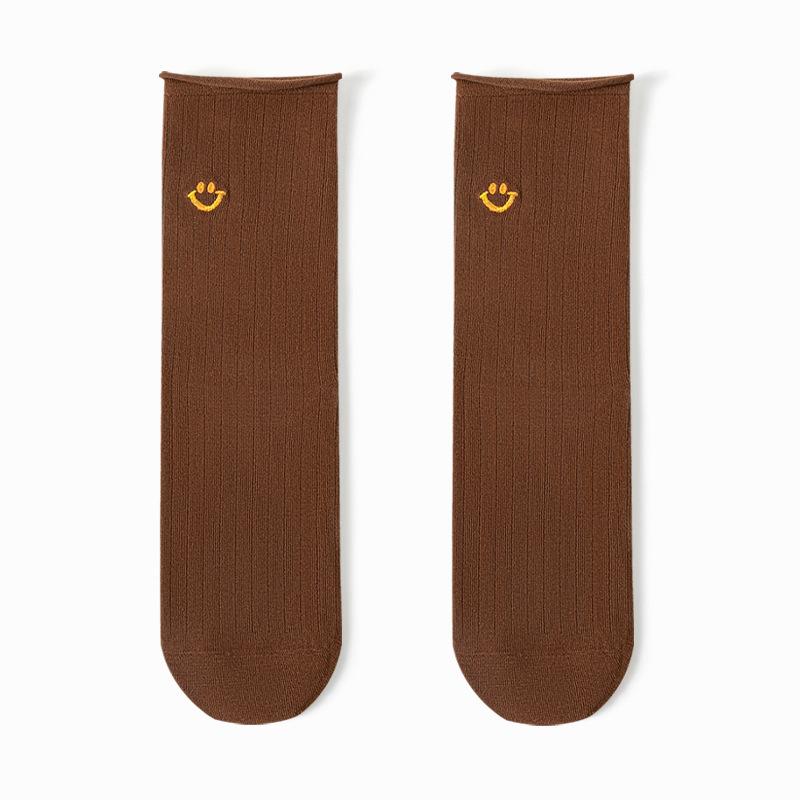 Female Spring and Autumn Color Embroidery Vertical Bar Rolled Edge Antibacterial Drum Pile Pile Cotton Socks