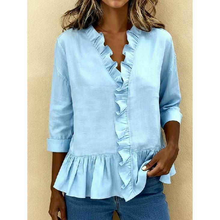 2026 Summer New Women's Solid Color Ruffle T-Shirt, Casual Three-Quarter Sleeve Blouse for Women