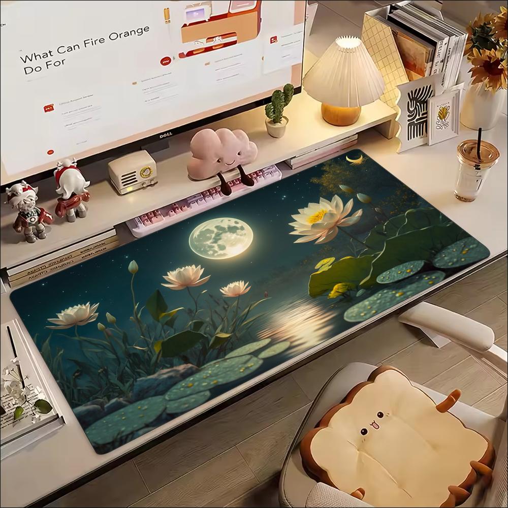 Moonlight Lotus Lake Large Extended Gaming Mousepad Non Slip Rubber Keyboard Desk Mat Smooth Surface For Laptop Pc Desktop Setup