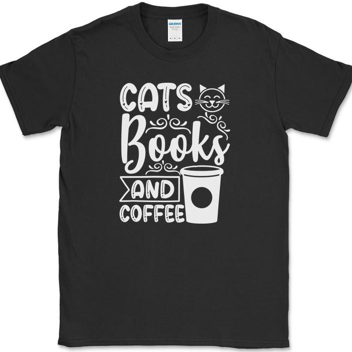 Cats Books and Coffee T-Shirt Funny Kitten Animal Pet Humor Gift Tee