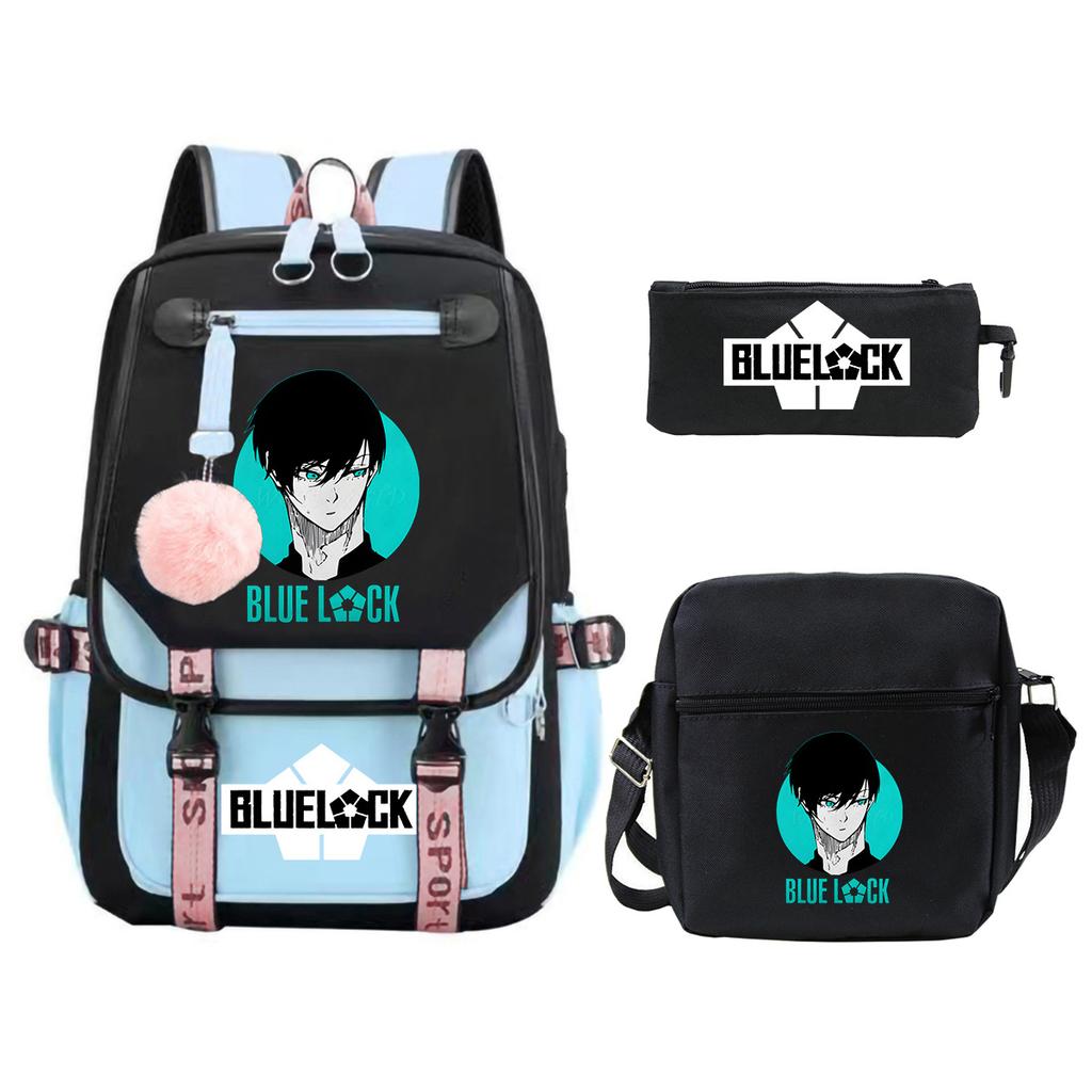 Blue Prison Student School Bag Large Capacity Children'S Shoulder Bag Casual Pencil Bag Set