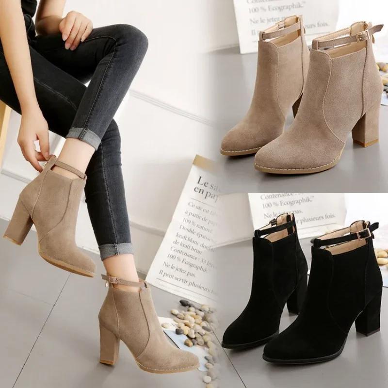 Fashion Woman Suede High Heel Ankle Boots British Style Fashion Thick Heel Pointed Back Zipper Boots Women Square Heeled Short Booties