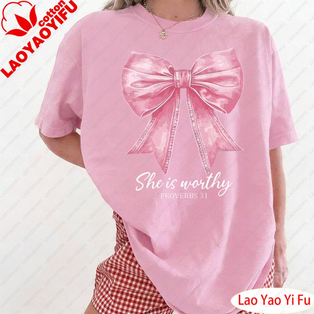 

Pink Cute and Fashionable Bow Print T Shirt Bow Lover Clothes Music Party Tops Short Sleeve Tee O Neck Graphic Print Shirt 4XL
