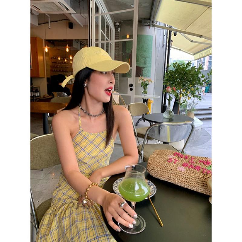 Yellow Plaid Halter Neck Backless A-Line Midi Dress Women Sweet Spicy Style High Waist Sleeveless TR Fabric Small