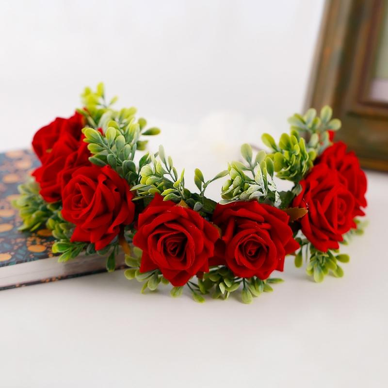 Adjustable Floral Garland Handmade Rose Flower Wreath Headband with Ribbon for Wedding Festival Travelling Photo Props