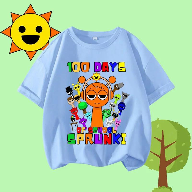 Cartoon Sprunki character printed kids T-shirt pure cotton short-sleeved white top cartoon children s clothing for boys 150